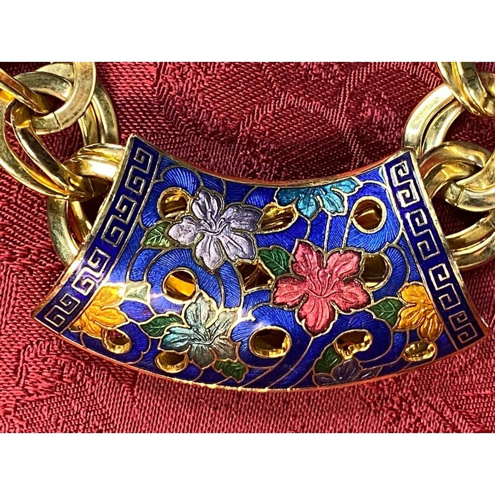 Vintage Cloisonne Chunky Large Chain Link Gold Tone Collar Necklace Statement Pi - Picture 2 of 8